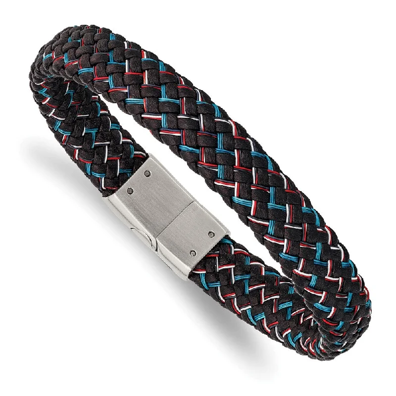 12mm Stainless Steel Black Leather Multicolor Wire Bracelet, 8.25 Inch