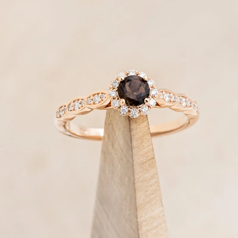 "DAISY" - ROUND CUT SMOKY QUARTZ ENGAGEMENT RING WITH DIAMOND HALO & ACCENTS