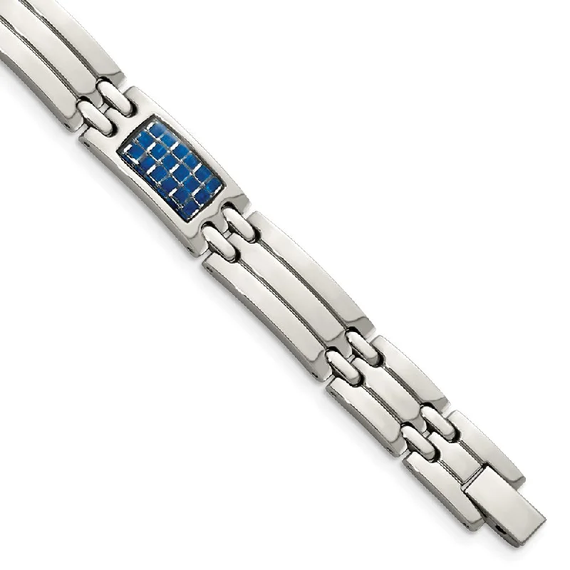 Men's 10mm Stainless Steel & Blue Carbon Fiber Link Bracelet, 8.5 Inch