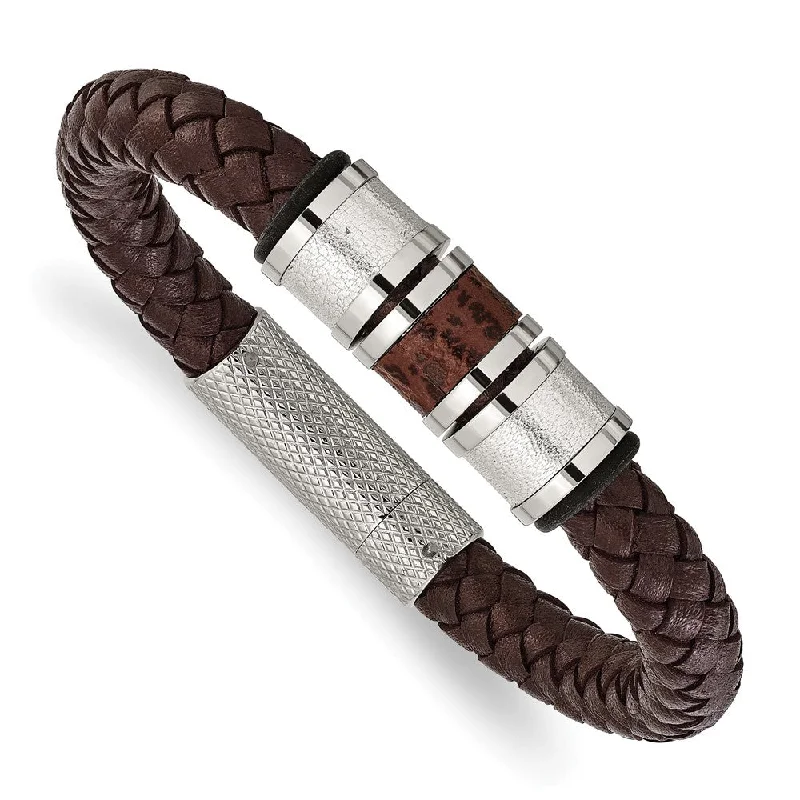 Men's Stainless Steel & Brown Leather Bead Accent Bracelet, 8.25 Inch