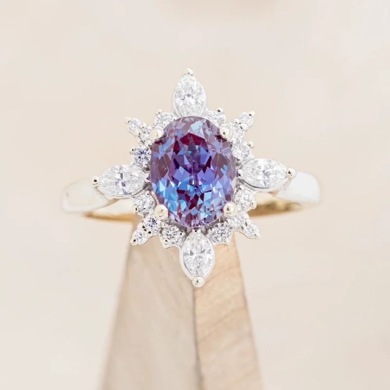 "AZALEA" - OVAL LAB-GROWN ALEXANDRITE ENGAGEMENT RING WITH DIAMOND HALO