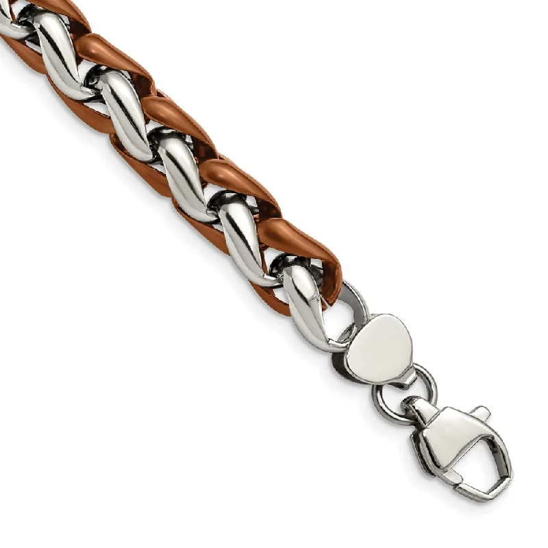 11mm Stainless Steel & Brown Plated Spiga Chain Bracelet, 8.25 Inch