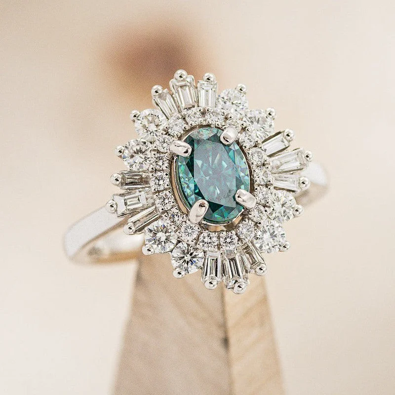 "TALA" - OVAL MEDEINA GREEN MOISSANITE ENGAGEMENT RING WITH DIAMOND ACCENTS