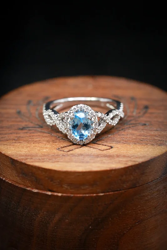 OVAL AQUAMARINE ENGAGEMENT RING WITH DIAMOND HALO & ACCENTS