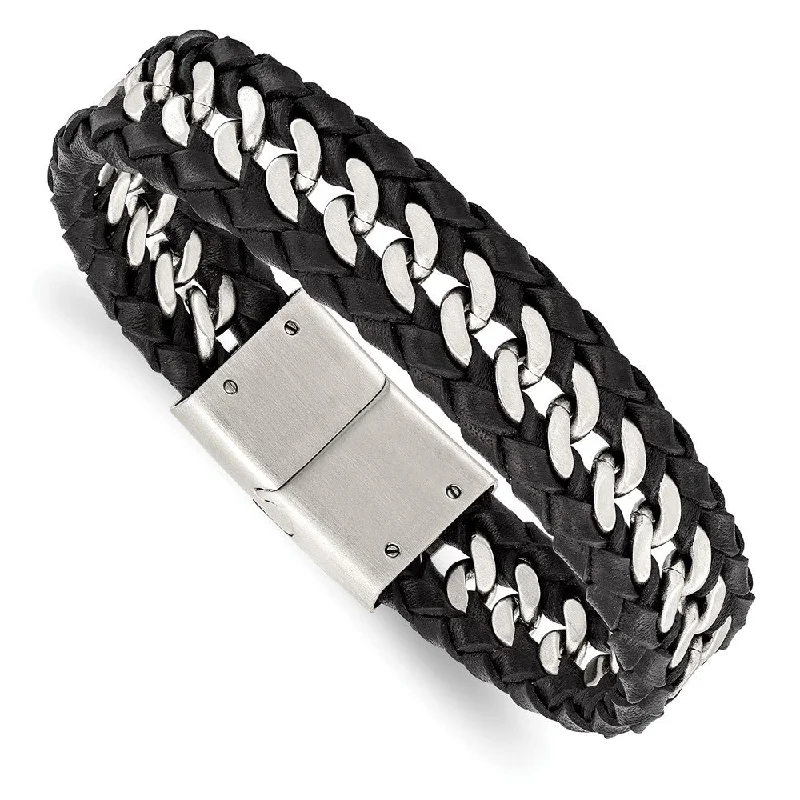 14mm Stainless Steel & Black Leather Brushed Curb Bracelet, 8.5 Inch