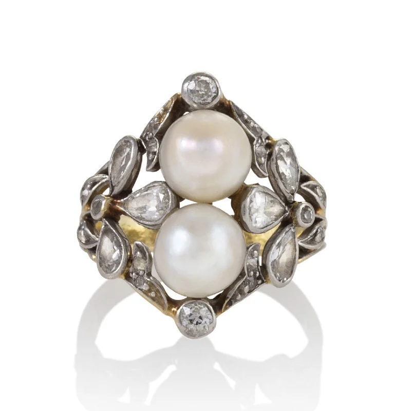 Double Pearl and Diamond Ring