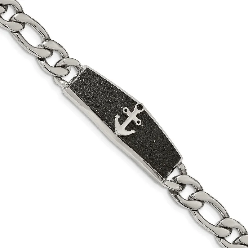 Stainless Steel & Black Plated Anchor I.D. Figaro Bracelet, 8.5 Inch