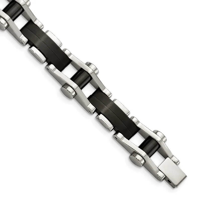 Mens 14mm Stainless Steel Polished & Black Plated Link Bracelet, 8 In