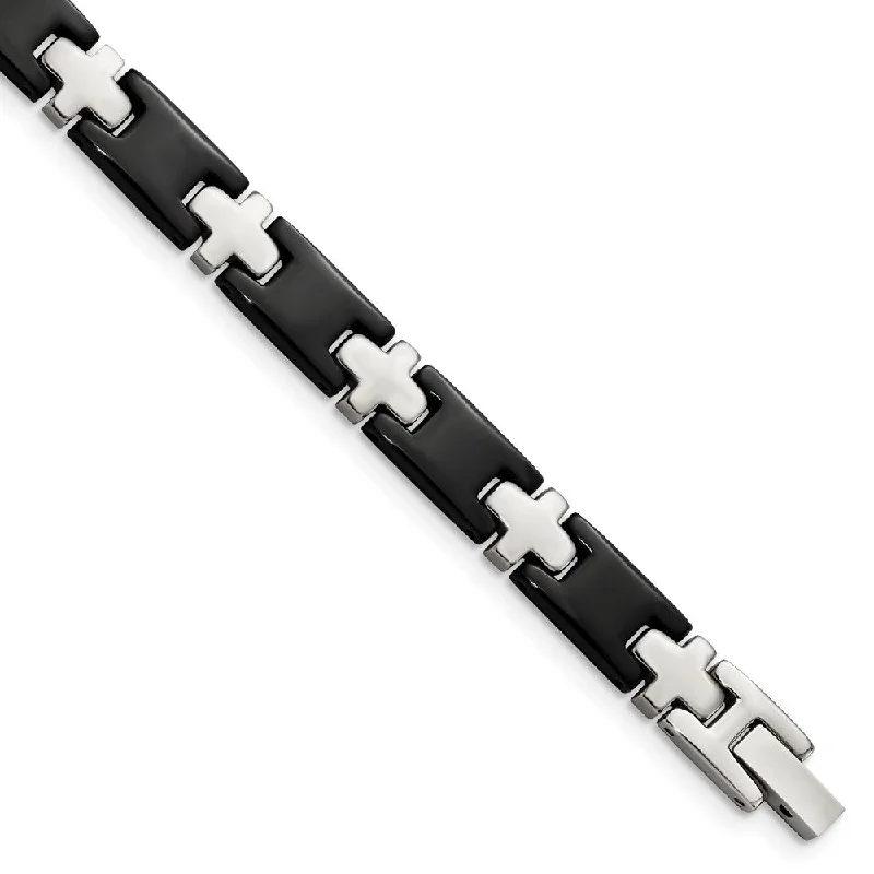 Men's Stainless Steel and Black Plated Cross Link Bracelet, 8.25 Inch