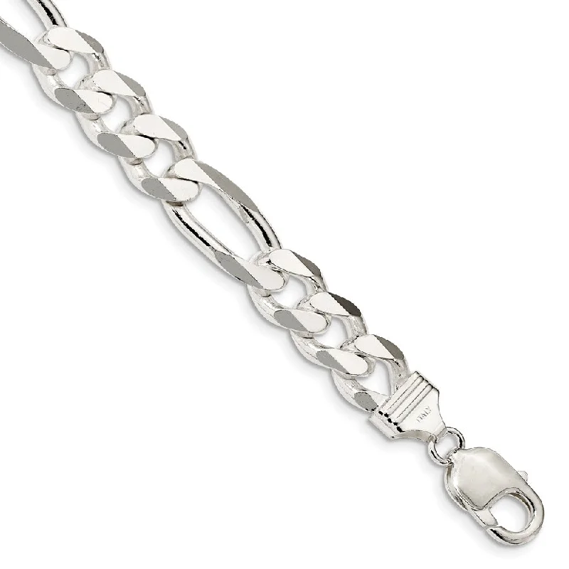 Men's 10.75mm, Sterling Silver, Solid Figaro Chain Bracelet