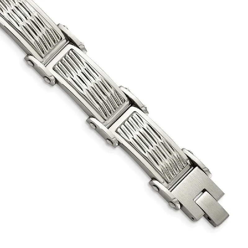 Men's 15.5mm Stainless Steel Grooved Textured Link Bracelet, 8.25 Inch