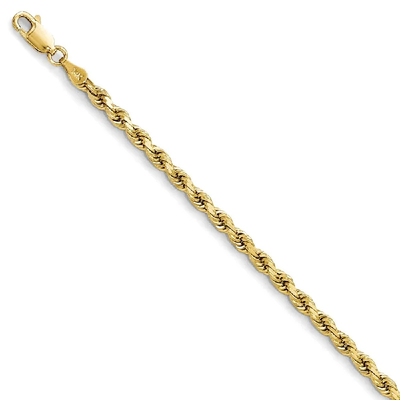 3.5mm 14k Yellow Gold Solid Diamond Cut Rope Chain Bracelet, 8 inch