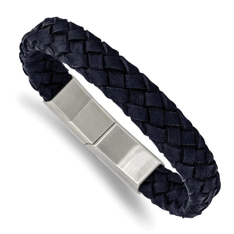 12mm Stainless Steel Navy Blue Braided Leather Adj Bracelet, 8.25 Inch