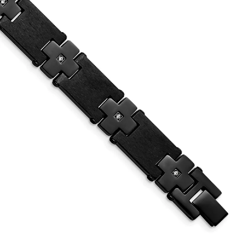 Men's 13mm Black Plated Stainless Steel & CZ Cross Bracelet, 8 Inch