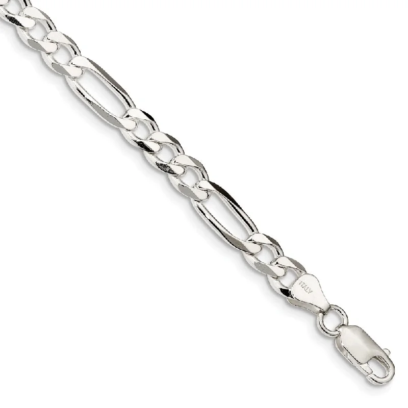 6.5mm Rhodium Plated Sterling Silver Solid Figaro Chain Bracelet, 8 In