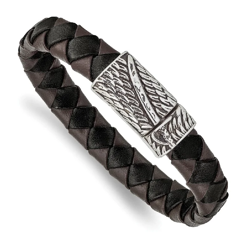 Men's Stainless Steel Black & Brown Leather Sword Bracelet, 8.5 Inch