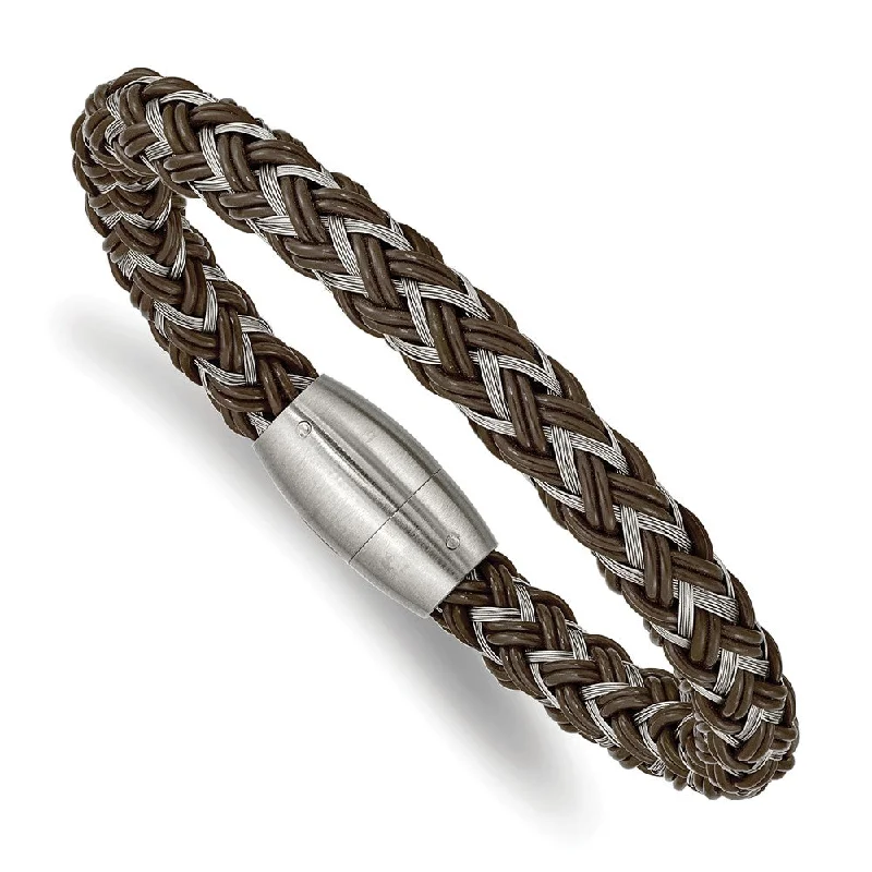 8mm Stainless Steel & Brown Rubber Braided Wire Bracelet, 8.5 Inch